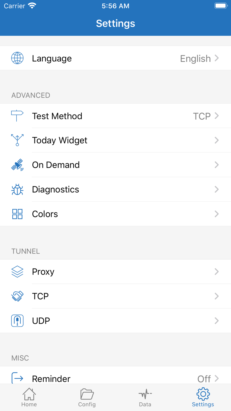 Shadowrocket公式のSettings画面。Language、Test Method、Today Widget、On Demand、Diagnostics、Proxy、TCP、UDPを表示